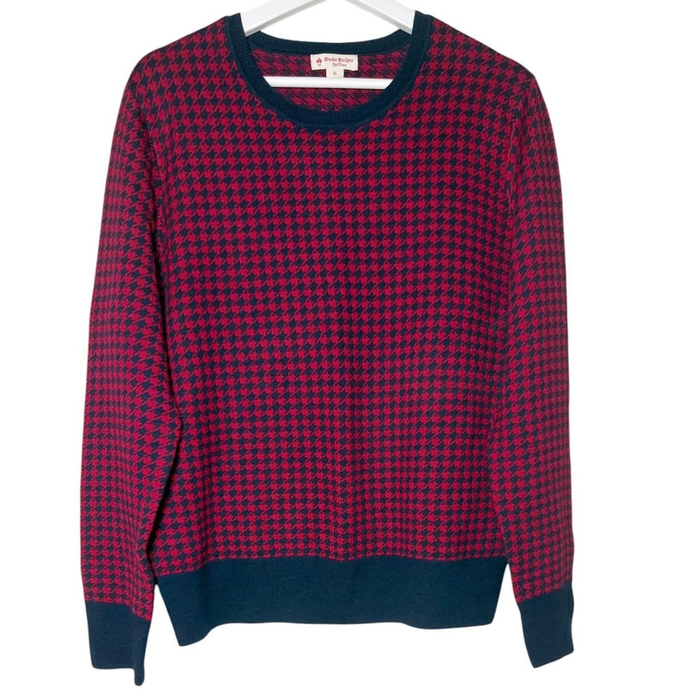 Brooks Brothers Red Fleece Houndstooth Knit Crewneck Sweater XL Red / Navy Blue